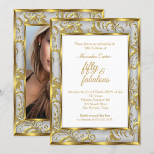 Fabulous 50 Photo Damask Gold grey silver birthday Invitation