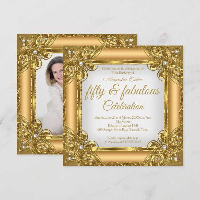 Fabulous 50 Photo elite Gold Pearl birthday Party Invitation (Front/Back)
