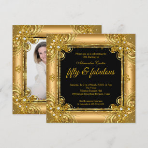 Fabulous 50 Photo Gold black Diamond birthday Invitation