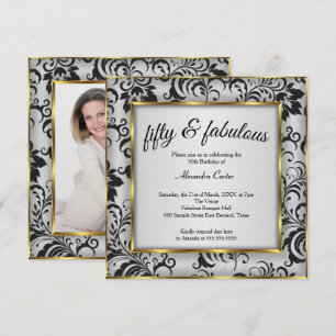 Fabulous 50 Photo Gold grey Black Damask birthday Invitation