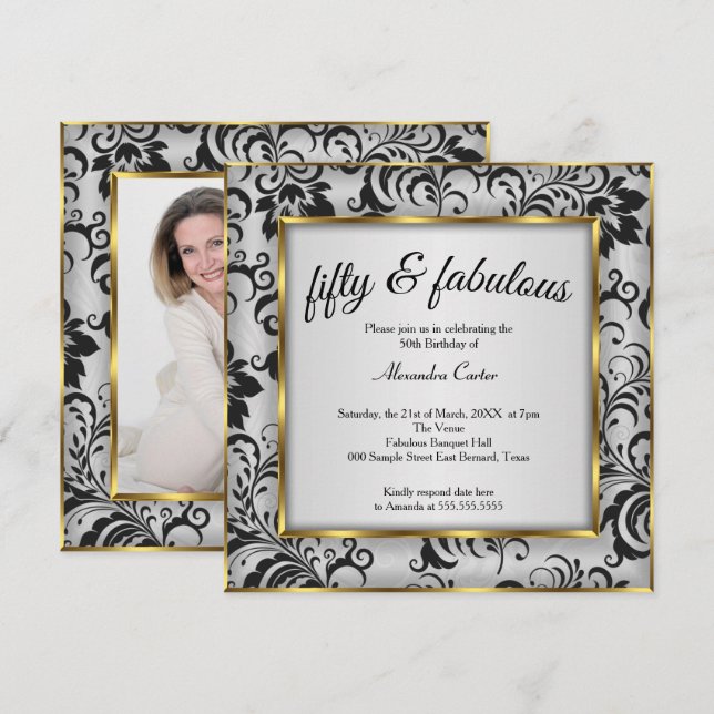 Fabulous 50 Photo Gold grey Black Damask birthday Invitation (Front/Back)