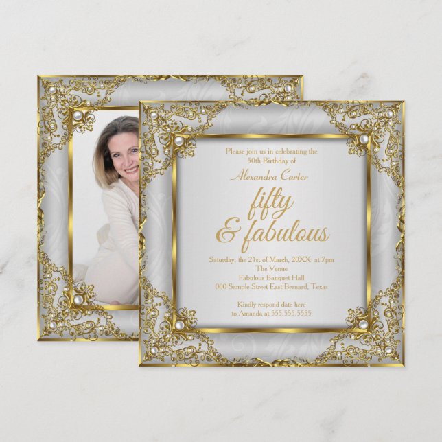 Fabulous 50 Photo Gold grey Pearl birthday Party Invitation (Front/Back)