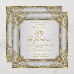 Fabulous 50 Photo Gold grey Pearl birthday Party Invitation