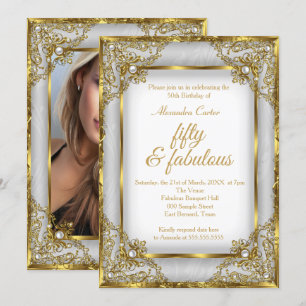 Fabulous 50 Photo Gold grey silver Pearl birthday Invitation