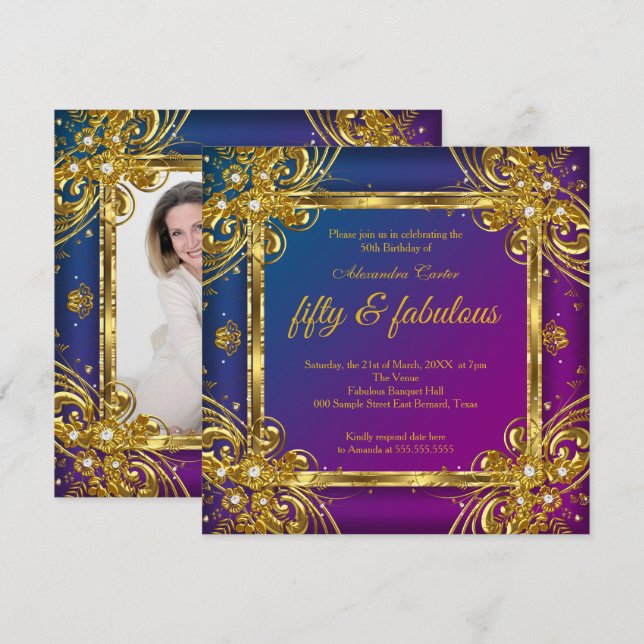 Fabulous 50 Photo Gold Mulberry Blue Party Invitation (Front/Back)