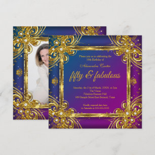 Fabulous 50 Photo Gold Mulberry Blue Party Invitation