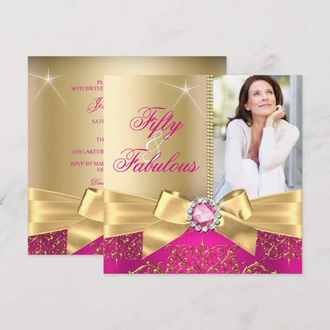 Fabulous 50 Photo Gold Pink Bow 50th Birthday Invitation (Front/Back)