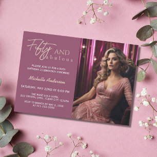 Fabulous 50 Photo Pink Rose Gold 50th Birthday Invitation