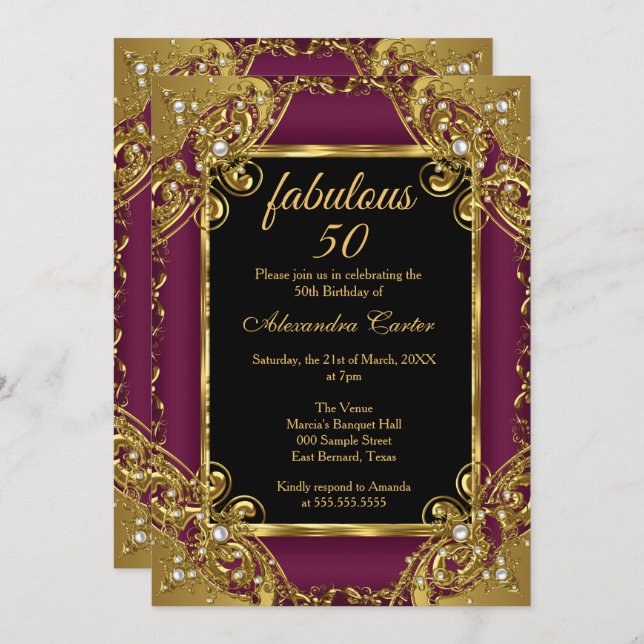 Fabulous 50 Photo Plum Gold Pearl Birthday Party Invitation (Front/Back)
