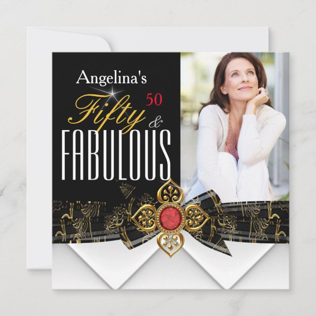 Fabulous 50 Photo Red Gold Elegant Modern Birthday Invitation (Front)
