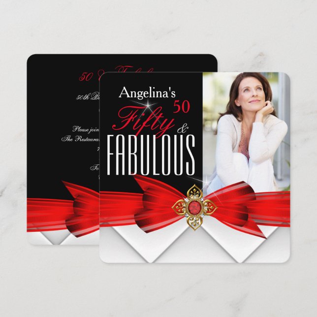 Fabulous 50 Photo Red Gold Elegant Modern Birthday Invitation (Front/Back)