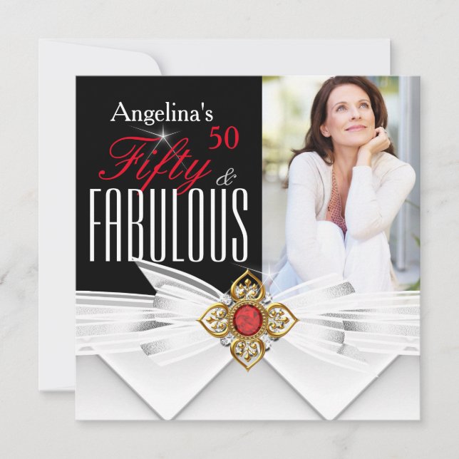 Fabulous 50 Photo Red Gold Elegant Modern Birthday Invitation (Front)