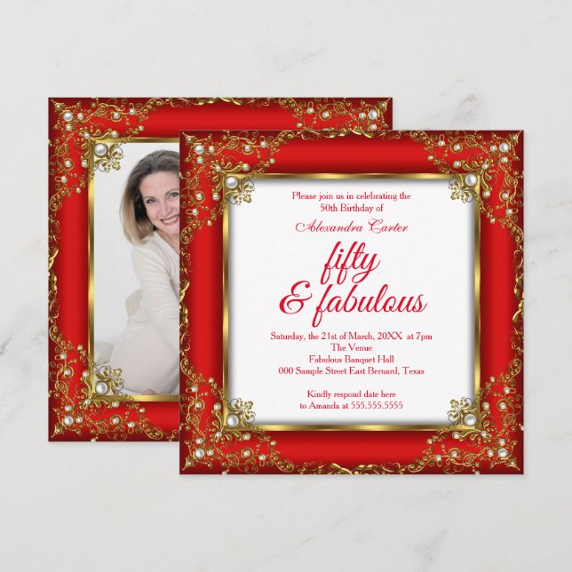 Fabulous 50 Photo Red Gold Pearl birthday Party Invitation (Front/Back)