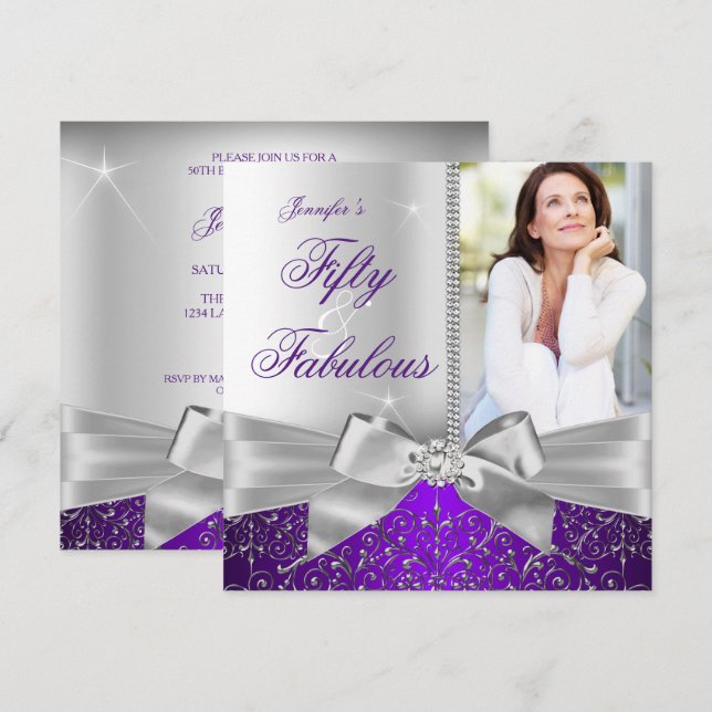 Fabulous 50 Photo Silver Purple Bow 50th Birthday Invitation (Front/Back)