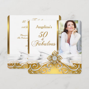 Fabulous 50 Photo White Gold Damask Birthday Party Invitation
