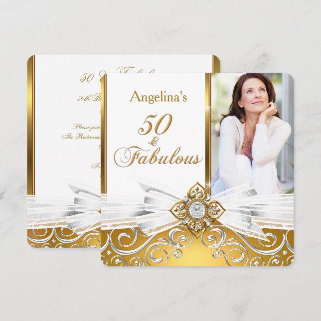 Fabulous 50 Photo White Gold Damask Birthday Party Invitation (Front/Back)