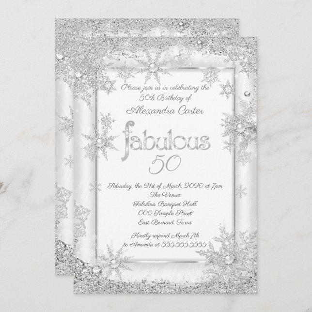 Fabulous 50 Photo White Silver Snowflake party Invitation (Front/Back)