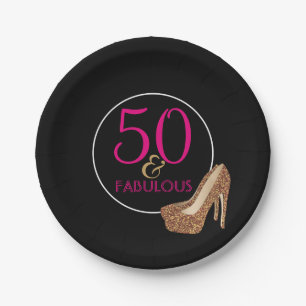 Fabulous 50 Pink Black Gold   50th Birthday Party Paper Plate