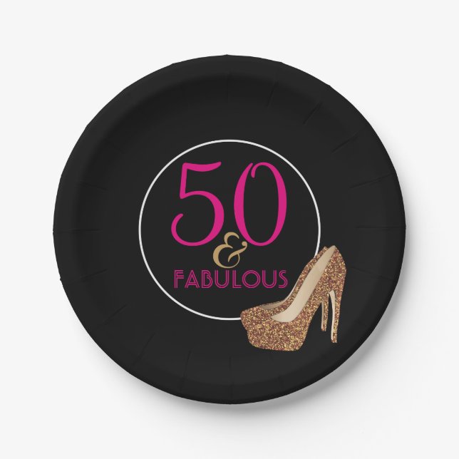 Fabulous 50 Pink Black Gold | 50th Birthday Party Paper Plate (Front)