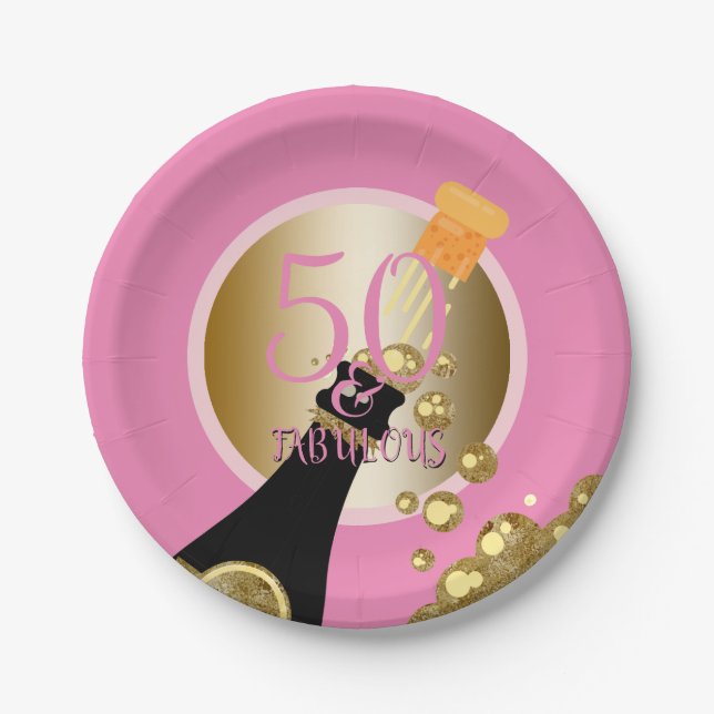 Fabulous 50 Pink Gold Champagne 50th Birthday Paper Plate (Front)