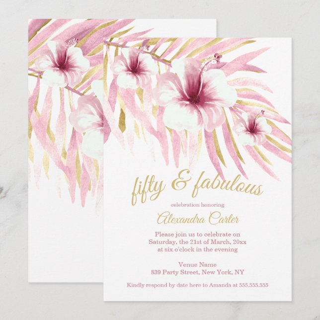 Fabulous 50 Pink Gold Flowers white Watercolor Invitation (Front/Back)