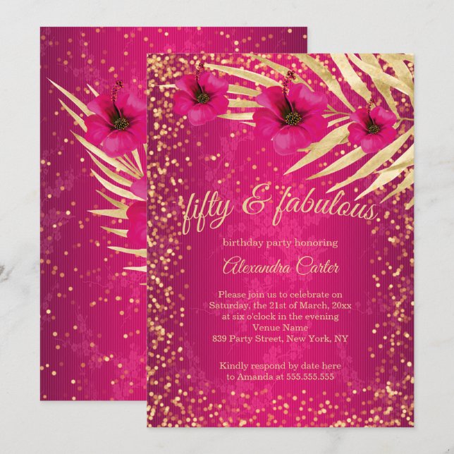 Fabulous 50 Pink Gold Sparkle Floral Birthday Invitation (Front/Back)