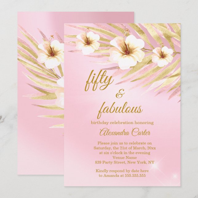 Fabulous 50  Pink Gold White Floral Birthday Invitation (Front/Back)