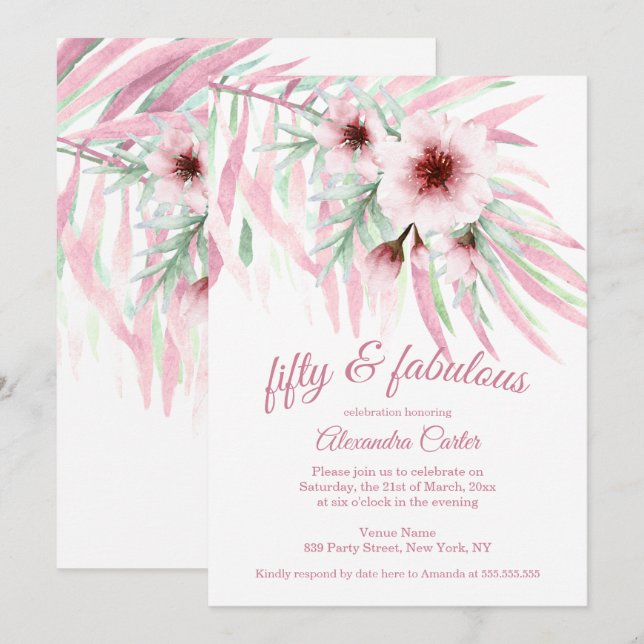 Fabulous 50 Pink Green Flowers white Watercolor Invitation (Front/Back)