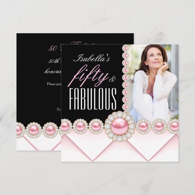 Fabulous 50 Pink Pearl Photo Elegant Birthday Invitation (Front/Back)