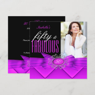 Fabulous 50 Pink Purple Black Photo Birthday Party Invitation