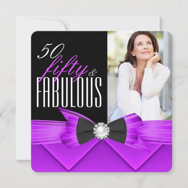 Fabulous 50 Pink Purple Photo Birthday Party Invitation (Front)