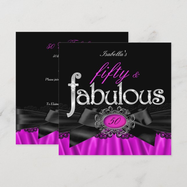 Fabulous 50 Pink Silk Black Lace Birthday Party Invitation (Front/Back)