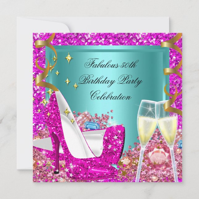 Fabulous 50 Pink Teal Glitter High Heel Birthday 2 Invitation (Front)