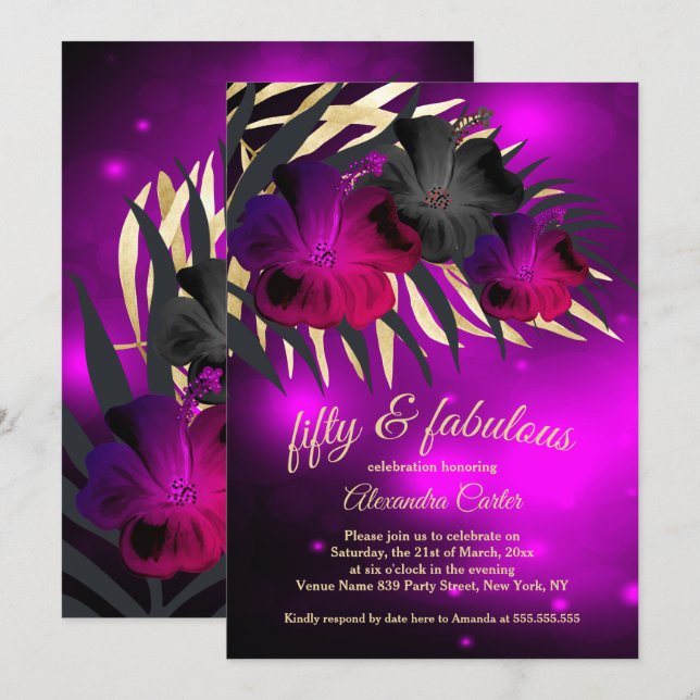 Fabulous 50 Plum Purple Gold Black Hibiscus party Invitation (Front/Back)