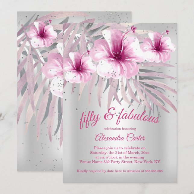 Fabulous 50 Pretty Pink Silver white hibiscus Invitation (Front/Back)