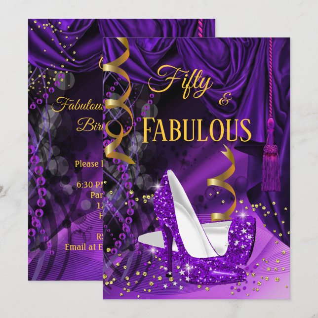 Fabulous 50 Purple Gold Heels Birthday Party Invitation (Front/Back)