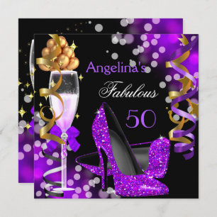 Fabulous 50 Purple Heels Gold Bubbles Birthday Invitation
