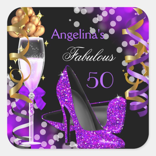 Fabulous 50 Purple Heels Gold Bubbles Birthday Square Sticker (Front)