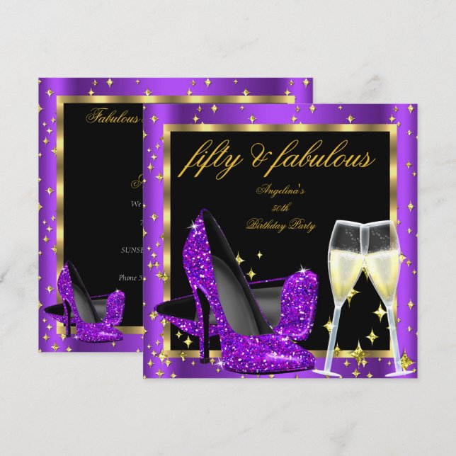 Fabulous 50 Purple High Heels Champagne Birthday Invitation (Front/Back)