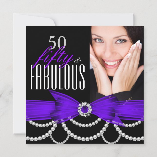 Fabulous 50 Purple Pearls Photo Birthday Party Invitation (Front)