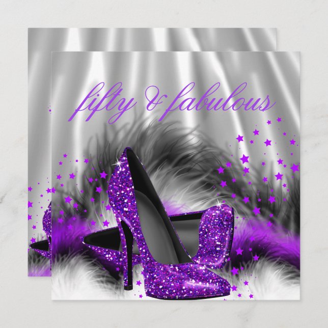 Fabulous 50 Purple Silver High Heel Birthday Party Invitation (Front/Back)