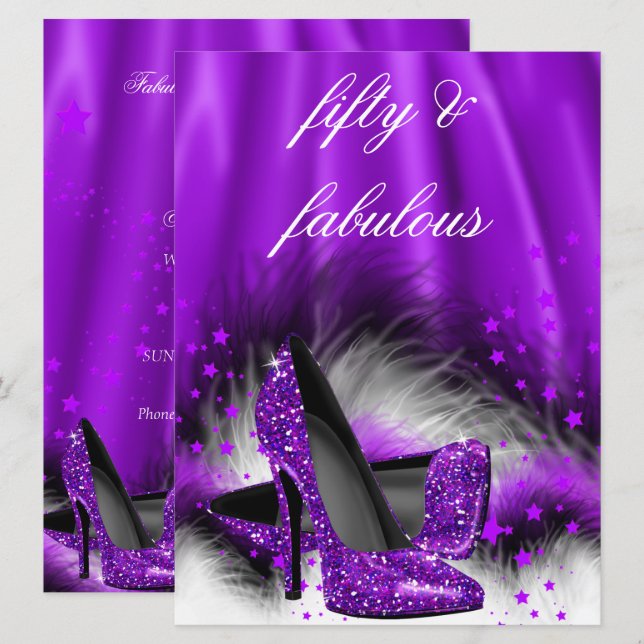 Fabulous 50 Purple Stars High Heels Birthday Party Invitation (Front/Back)