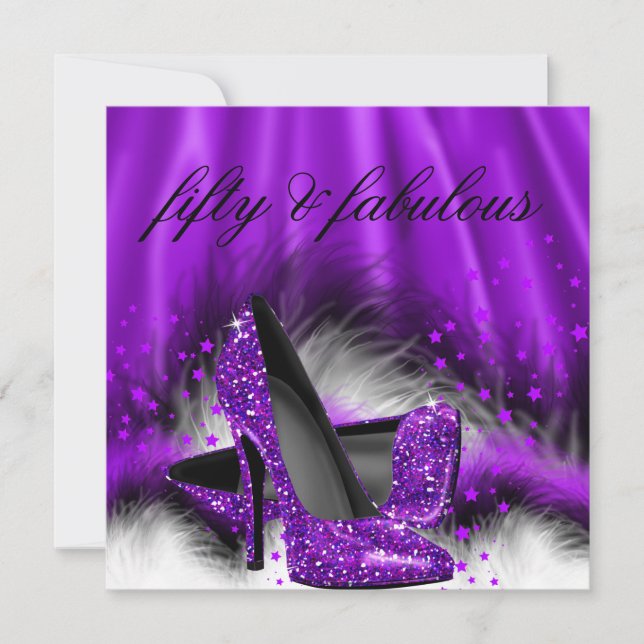 Fabulous 50 Purple Stars High Heels Birthday Party Invitation (Front)