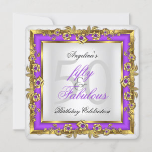 Fabulous 50 Purple White Gold Birthday Party Invitation