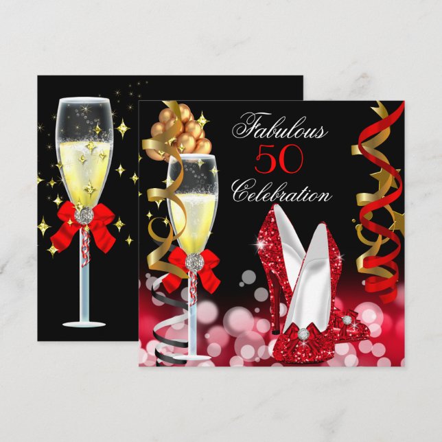 Fabulous 50 Red Black Gold Bubbles Party Invitation (Front/Back)