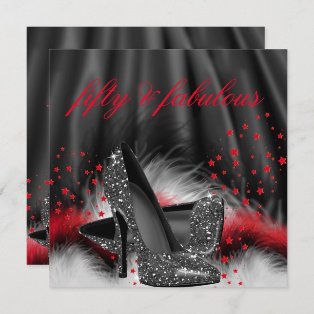 Fabulous 50 Red Black High Heels Birthday Party Invitation (Front/Back)