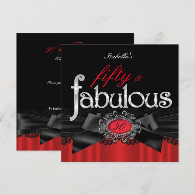 Fabulous 50 Red Black Lace Birthday Party Invitation (Front/Back)