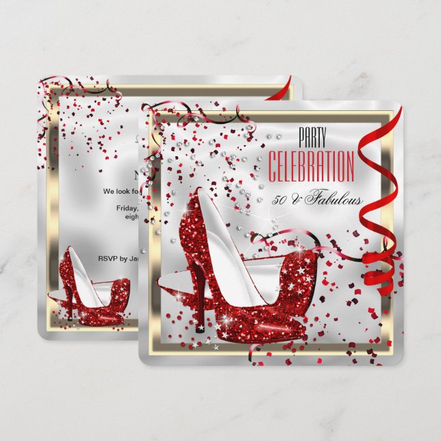 Fabulous 50 Red Black White Birthday Party Invitation (Front/Back)