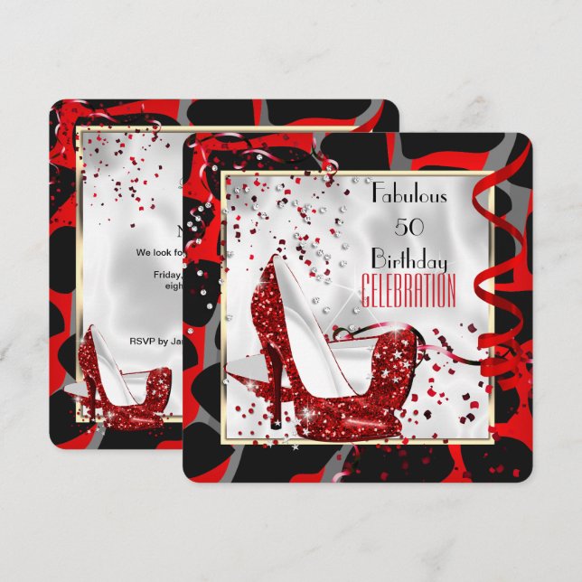 Fabulous 50 Red Black White Wild Birthday Party Invitation (Front/Back)