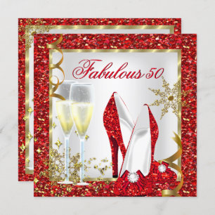 Fabulous 50 Red Glitter Gold Birthday Party Invitation